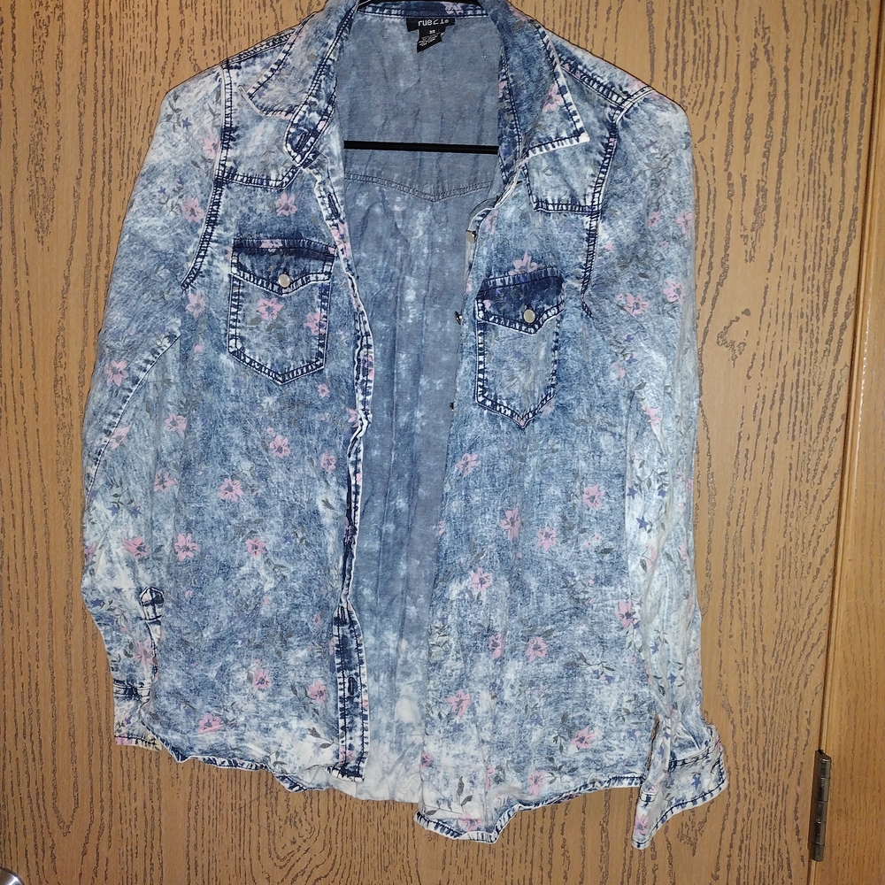 Forever 21 Distressed Blue and Pink Floral Denim Shirt